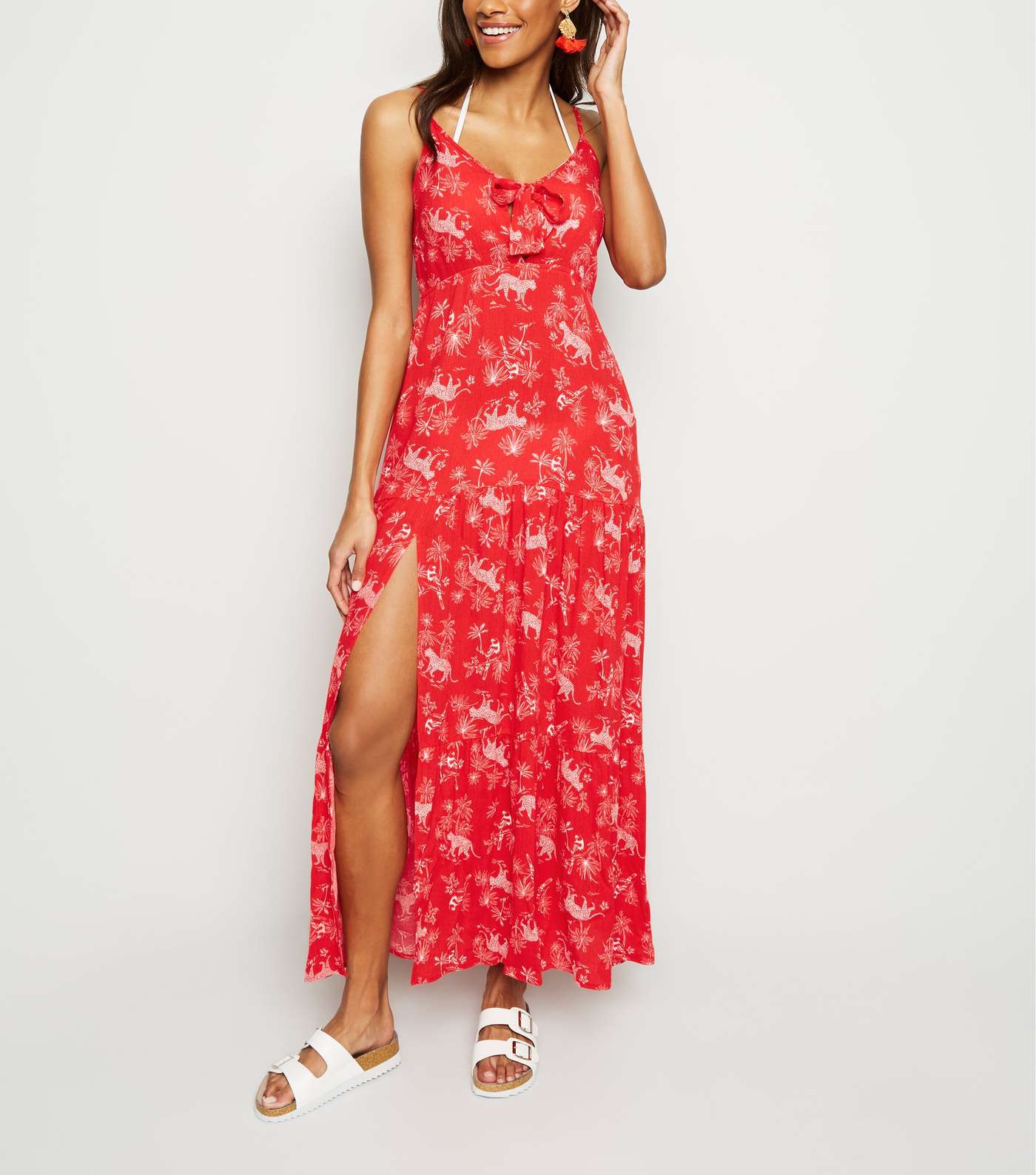 Red Tropical Print Beach Maxi Dress