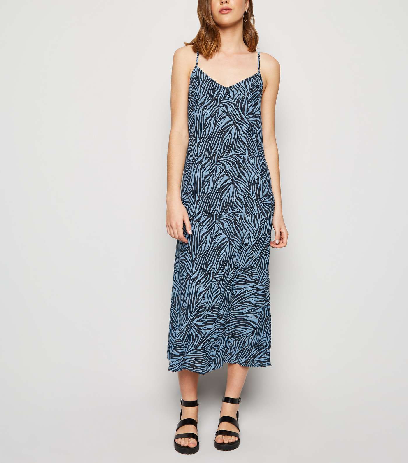 Blue Zebra Print Bias Cut Midi Slip Dress