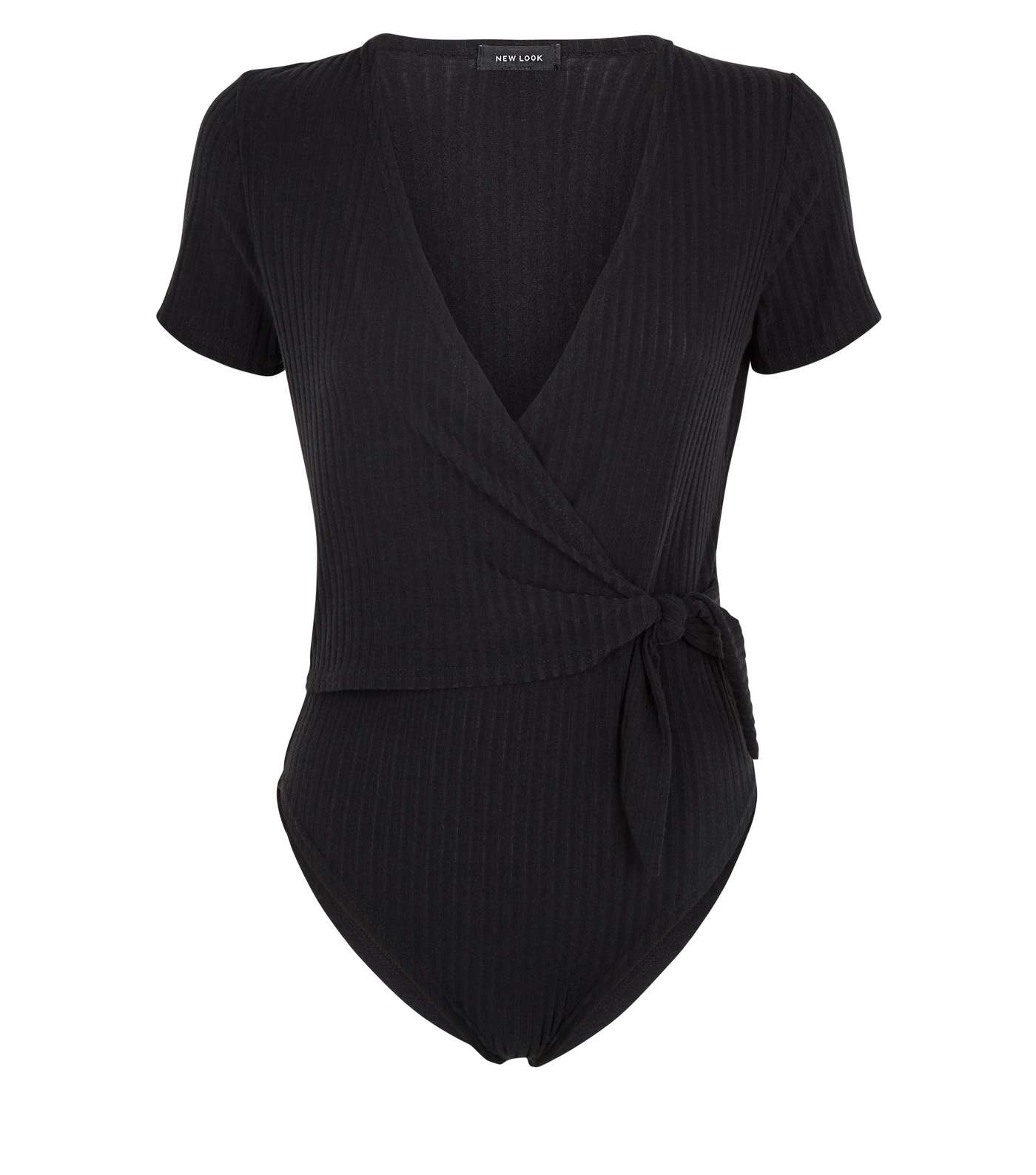Black Ribbed Wrap Tie Side Bodysuit Image 4