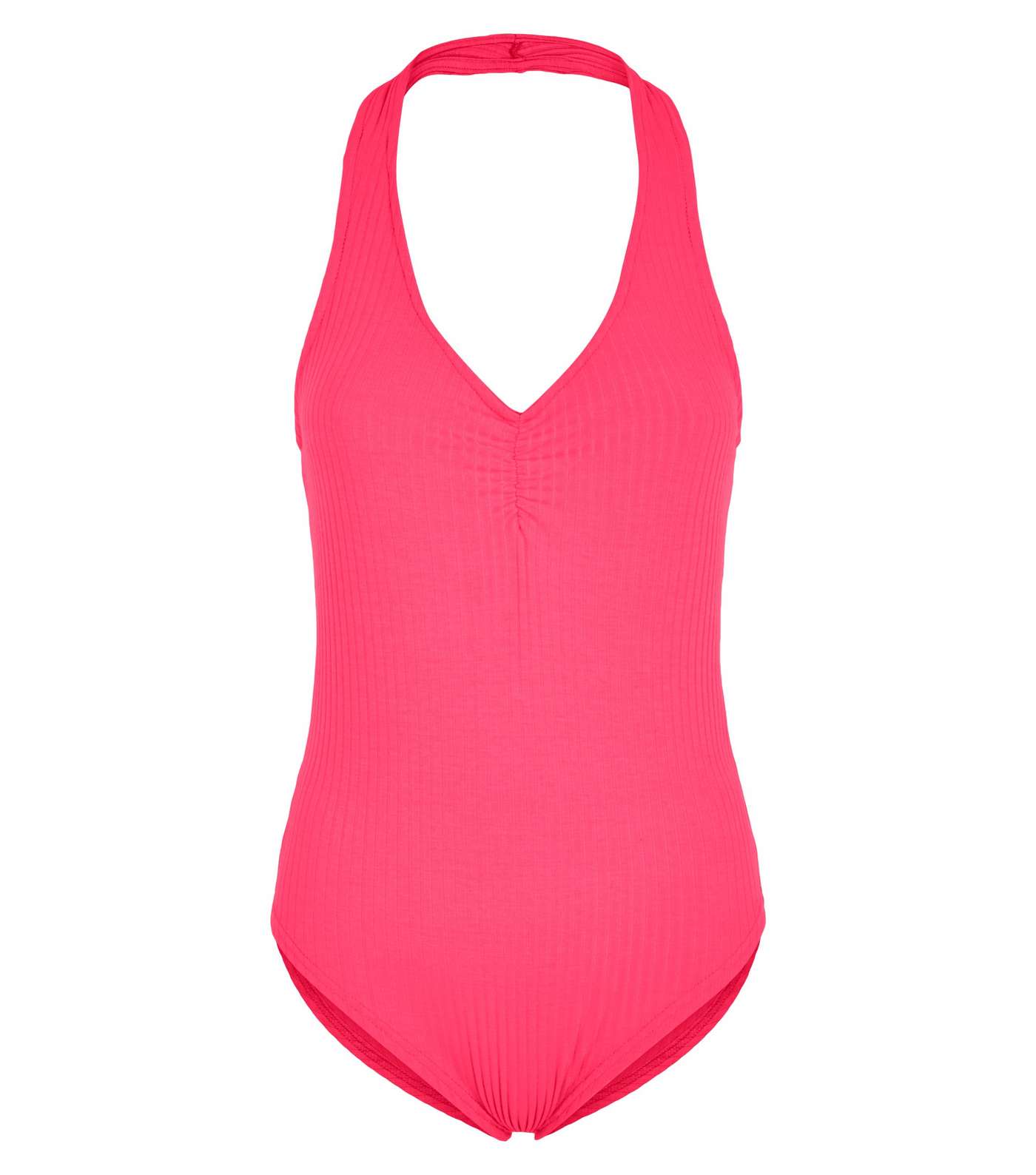 Bright Pink Ribbed Halterneck Ruched Bodysuit Image 4