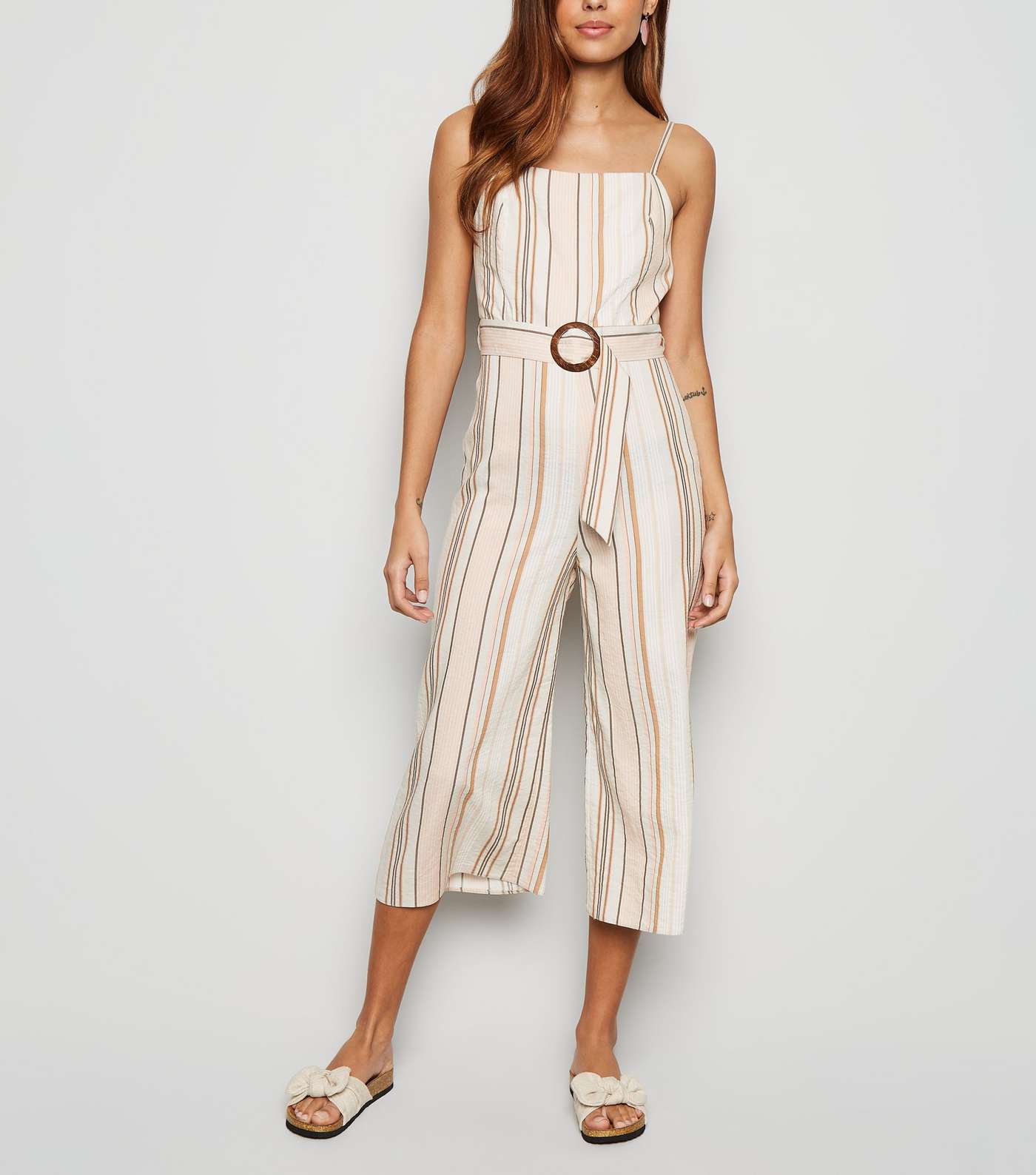 White Stripe Buckle Belted Jumpsuit
