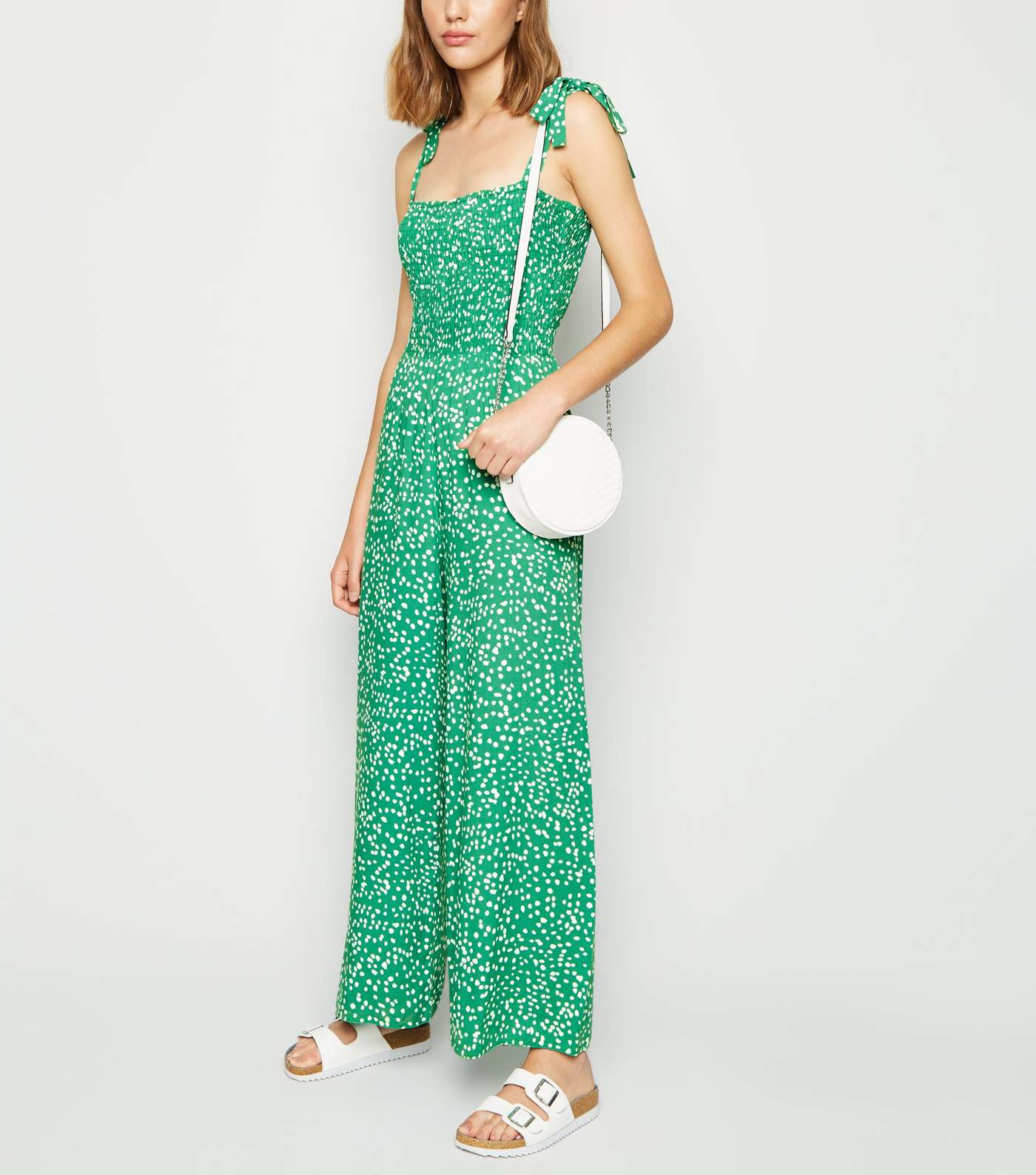 Green Spot Print Shirred Jumpsuit