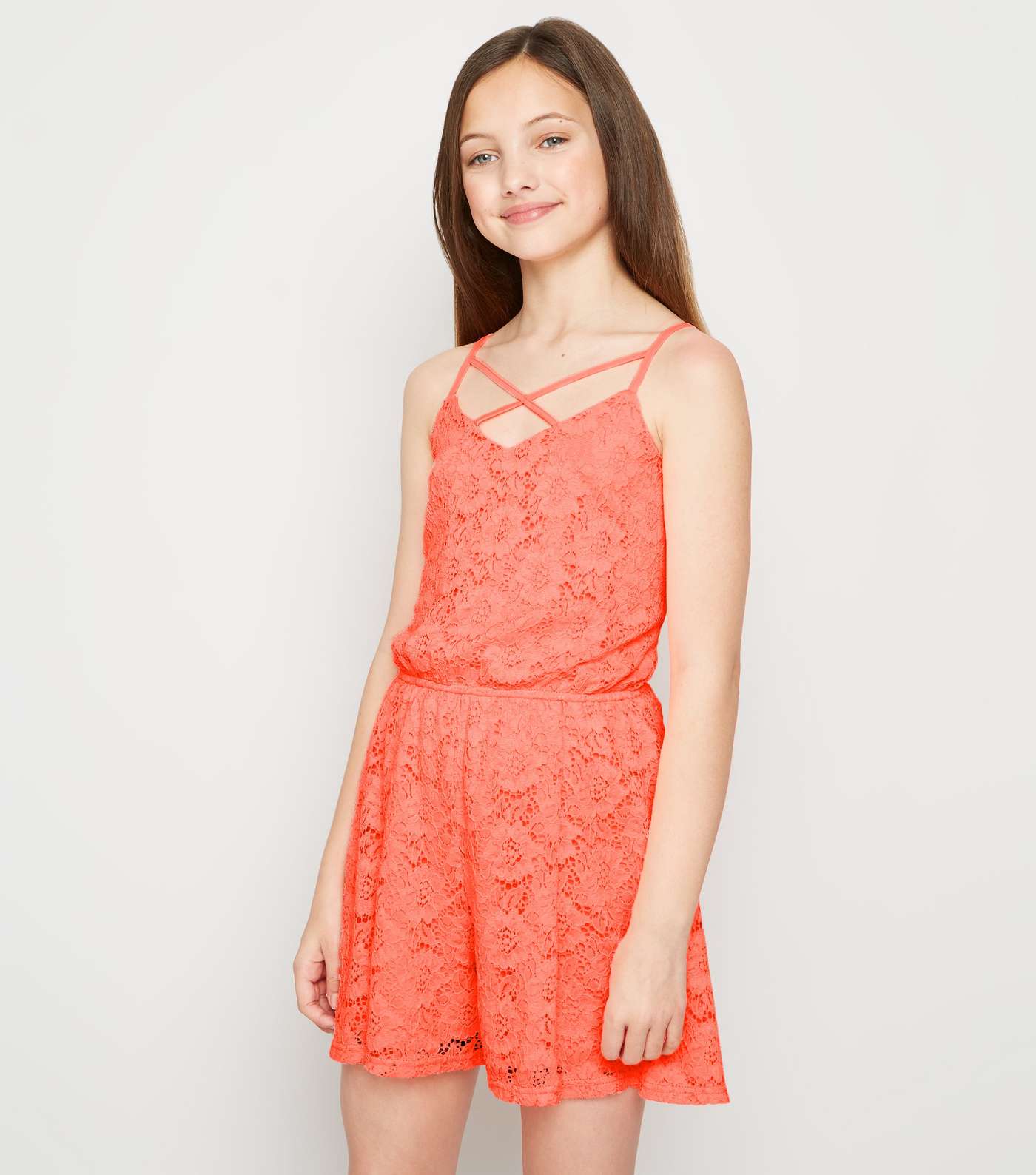 Girls Coral Neon Lace Playsuit Image 2
