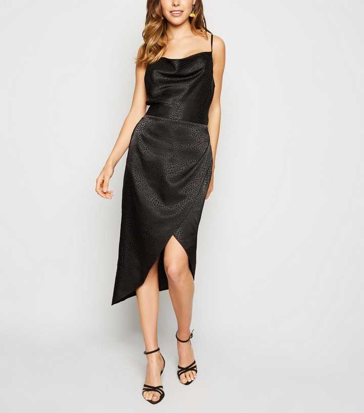 Black Satin Spot Jacquard Midi Dress
