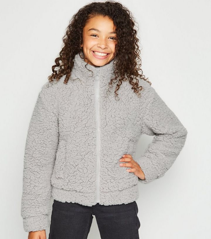 Girls Grey Ring Pull Teddy Jacket New Look