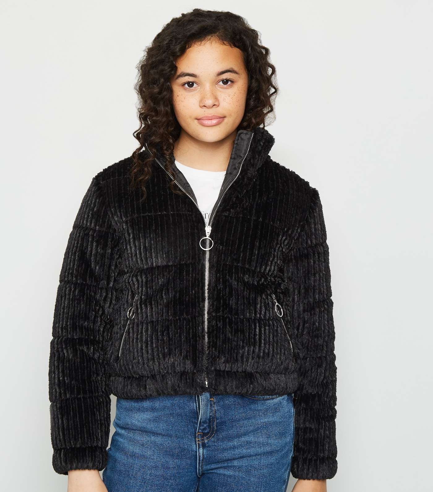 Girls Black Faux Fur Textured Puffer Jacket