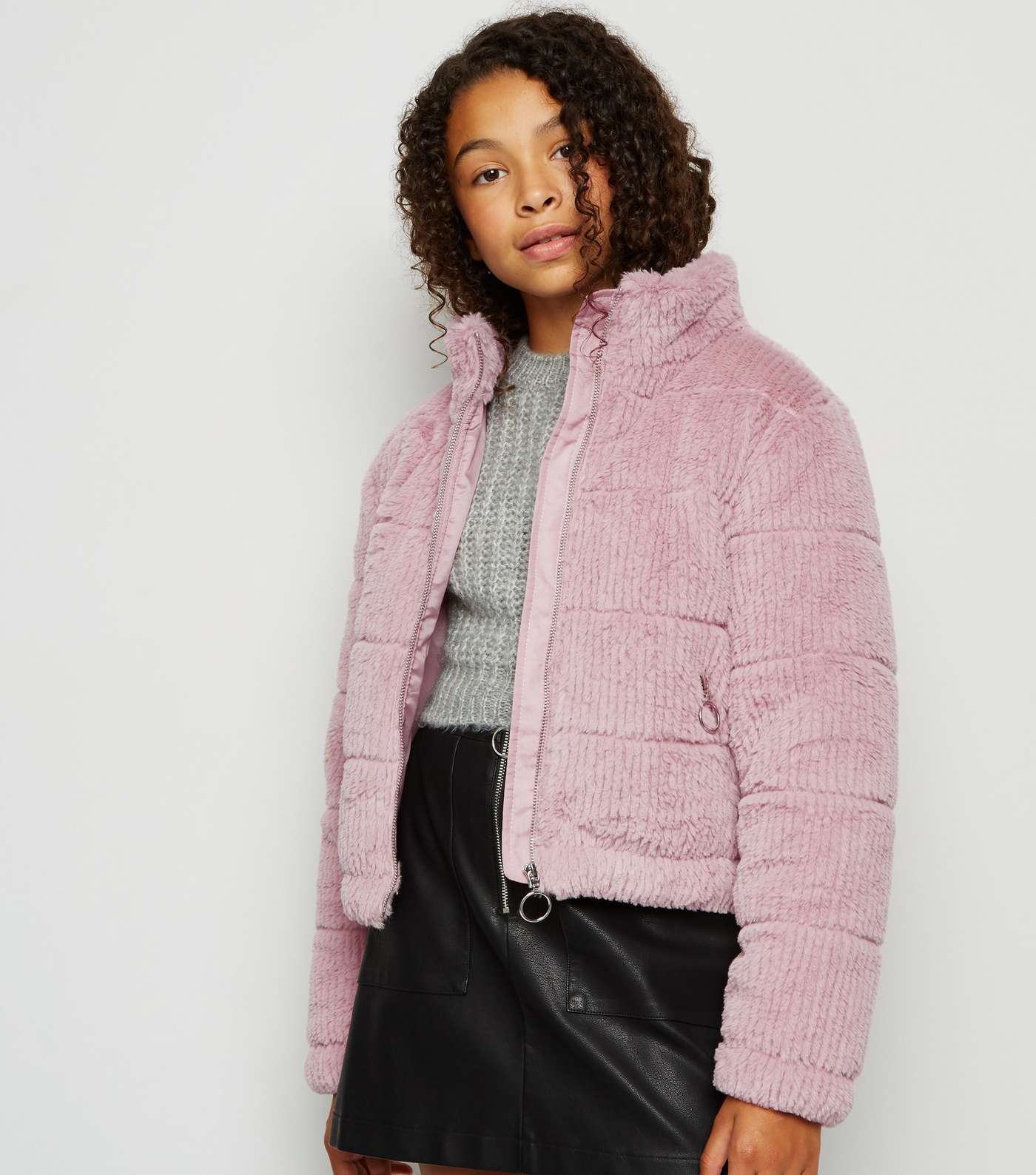 Girls Pink Faux Fur Textured Puffer Jacket