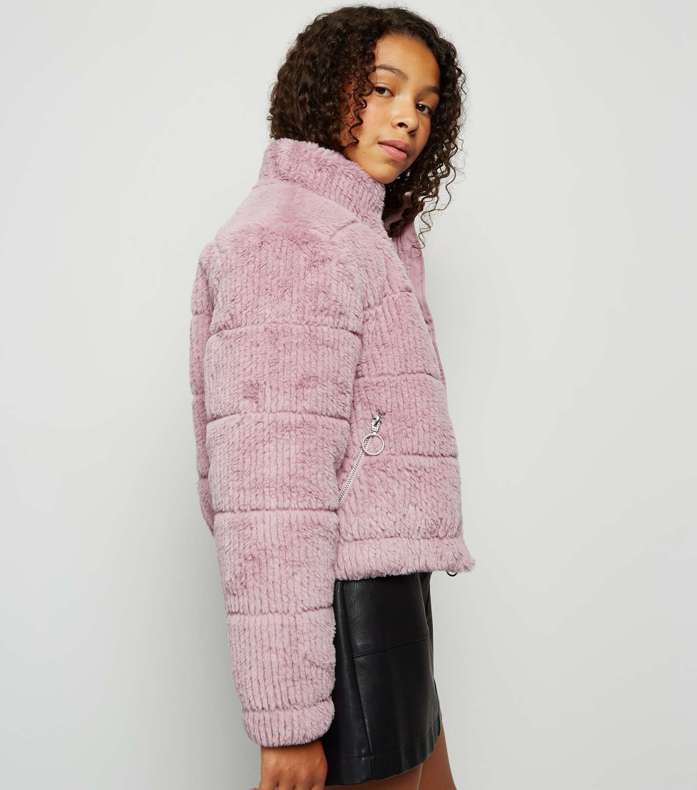 Girls Pink Faux Fur Textured Puffer Jacket Image 3