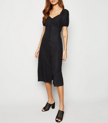 Black Linen Blend Button Up Milkmaid Dress | New Look