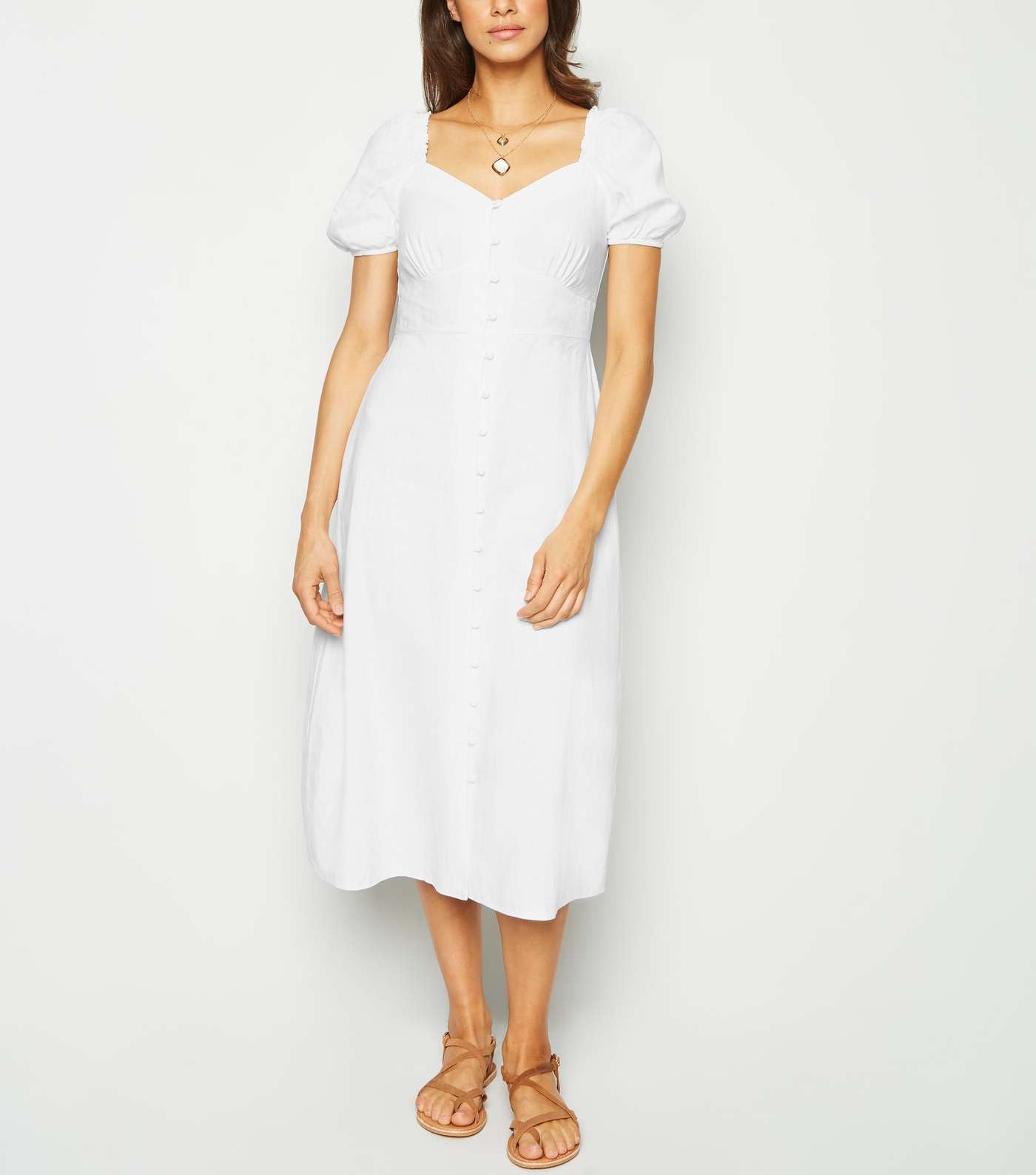 White Linen Blend Button Up Milkmaid Dress