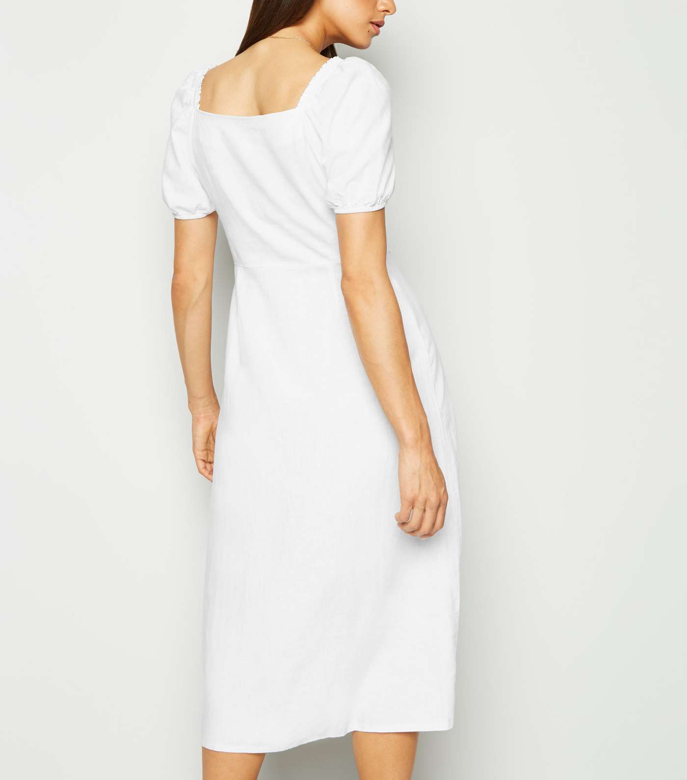 White Linen Blend Button Up Milkmaid Dress Image 3