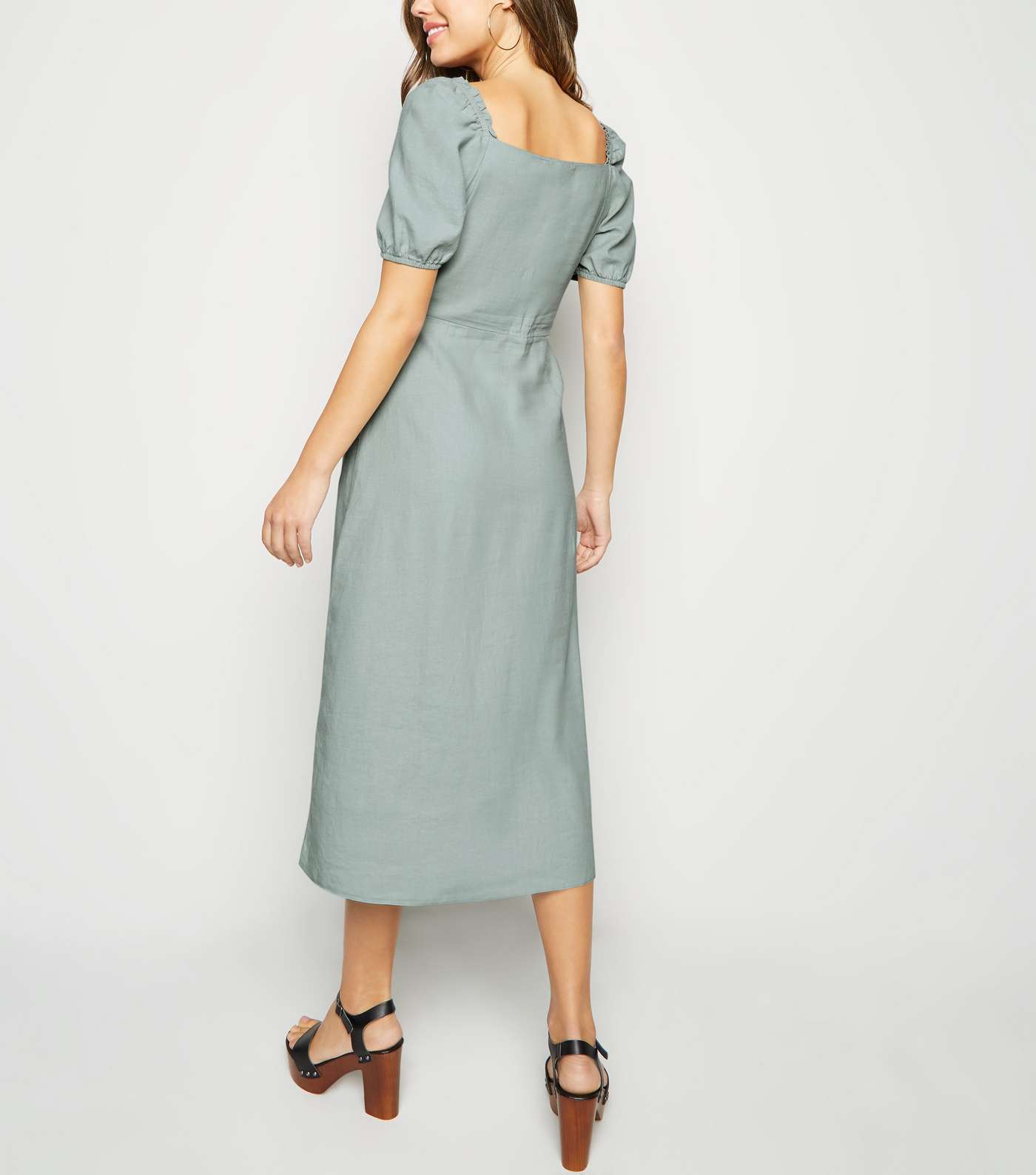 Mint Green Linen Blend Button Up Milkmaid Dress Image 3