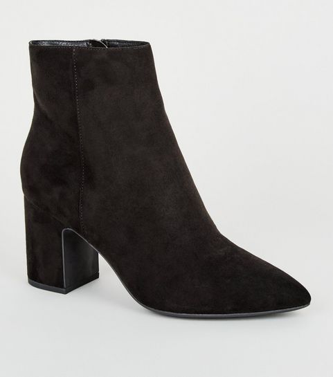 Black Suedette Pointed Block Heel Boots