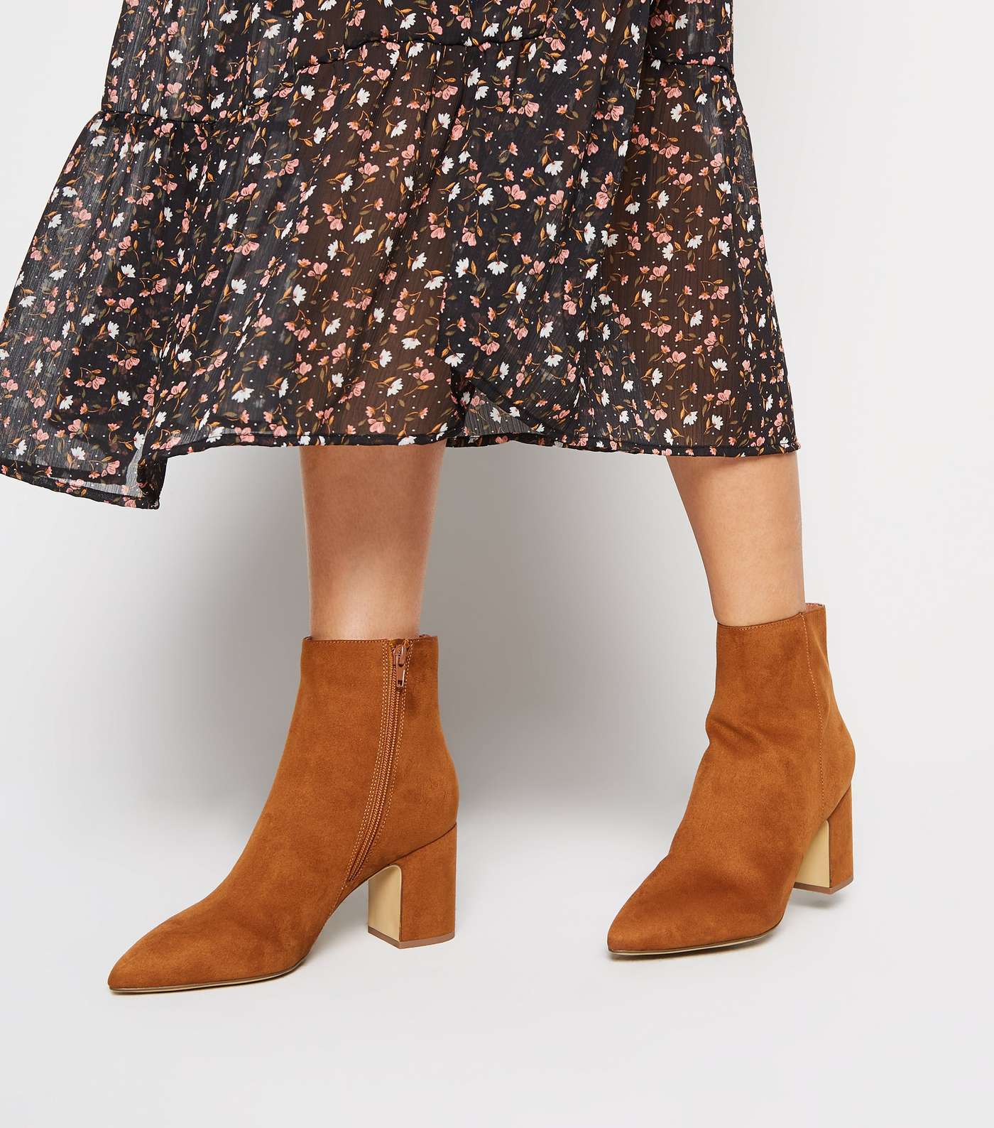 Tan Suedette Pointed Block Heel Boots Image 2