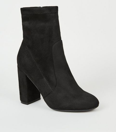 Black Suedette Block Heel Sock Boots