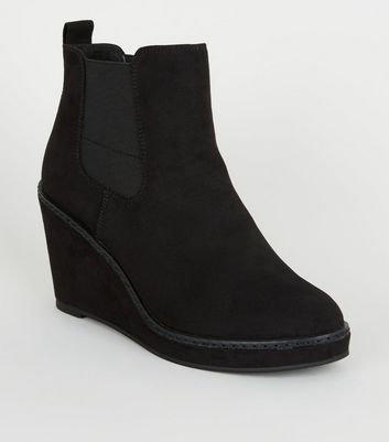 Black Suedette Wedge Chelsea Boots 