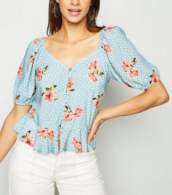 Blue Floral Spot Button Up Blouse | New Look