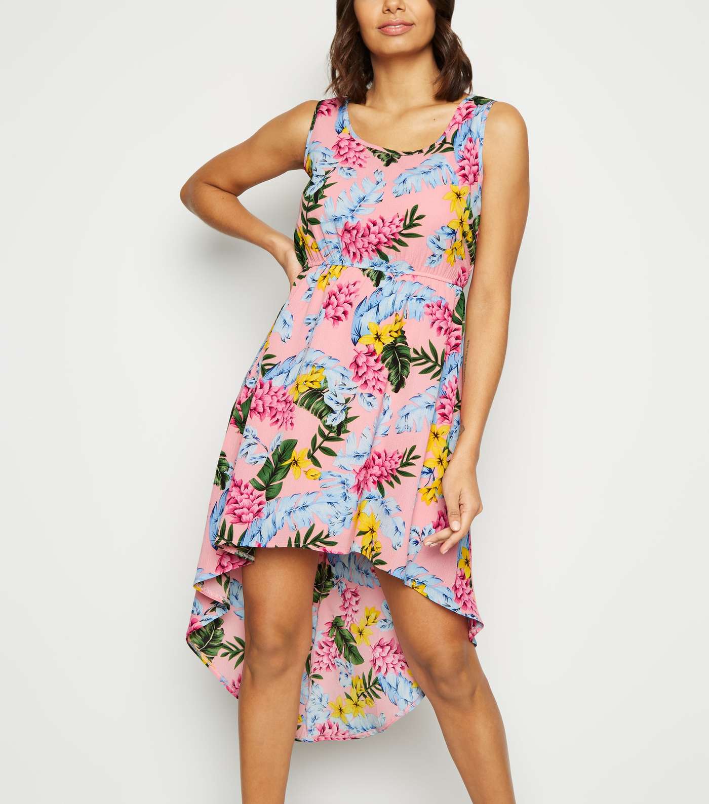 Mela Pink Tropical Print Dip Hem Dress Image 2