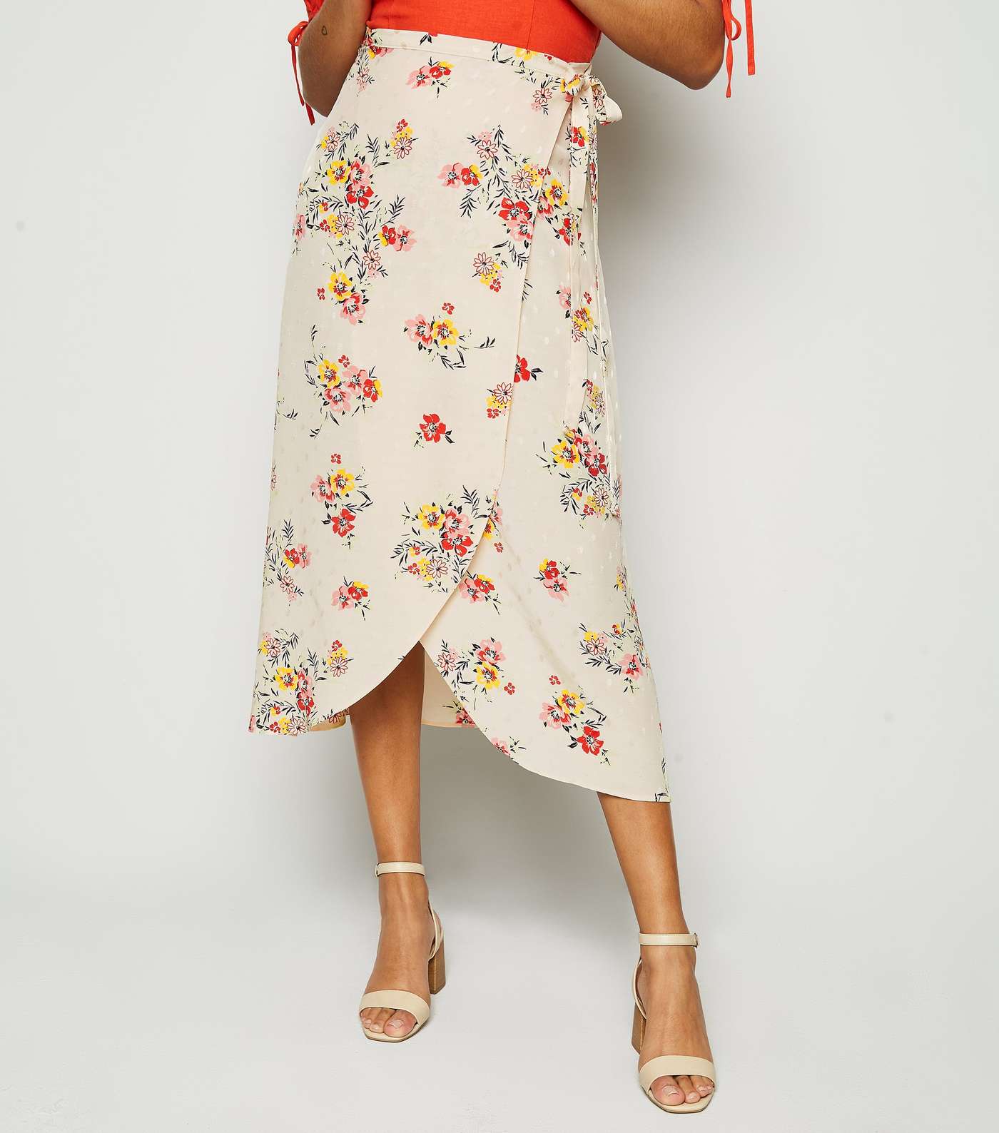 Off White Floral Jacquard Wrap Midi Skirt Image 2