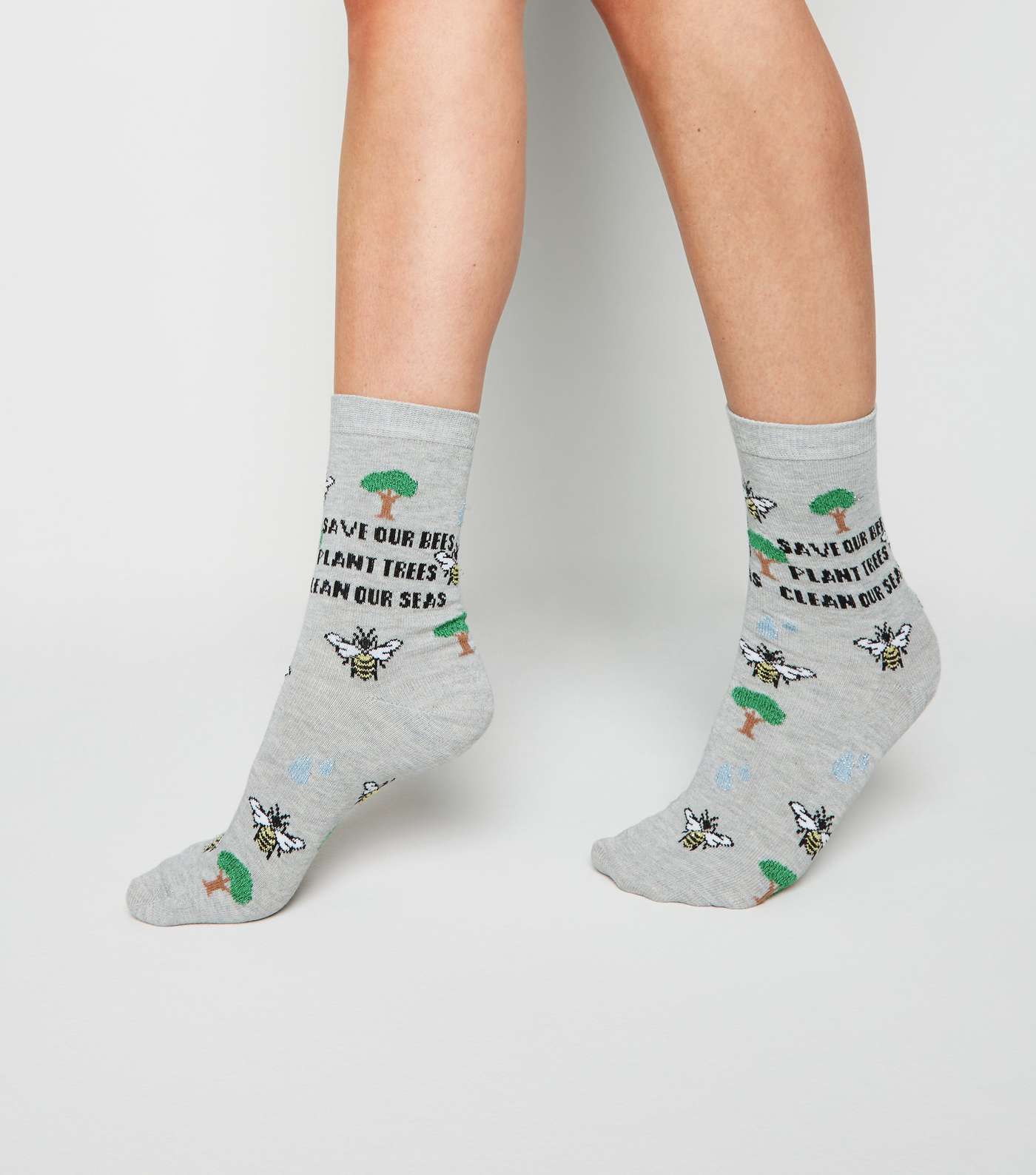 Pale Grey Save The Planet Slogan Socks Image 2