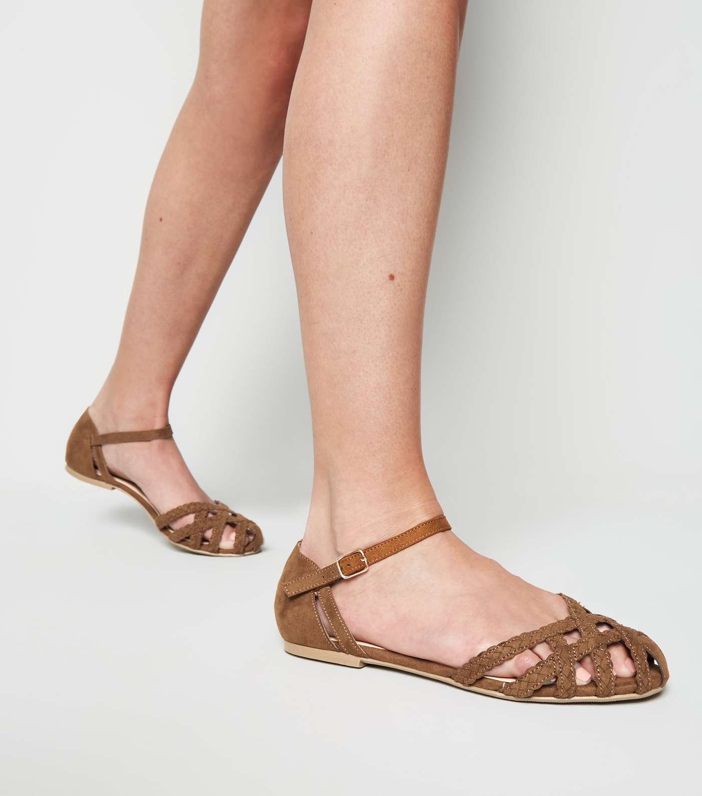 Wide Fit Tan Plait Strappy Caged Sandals Image 2