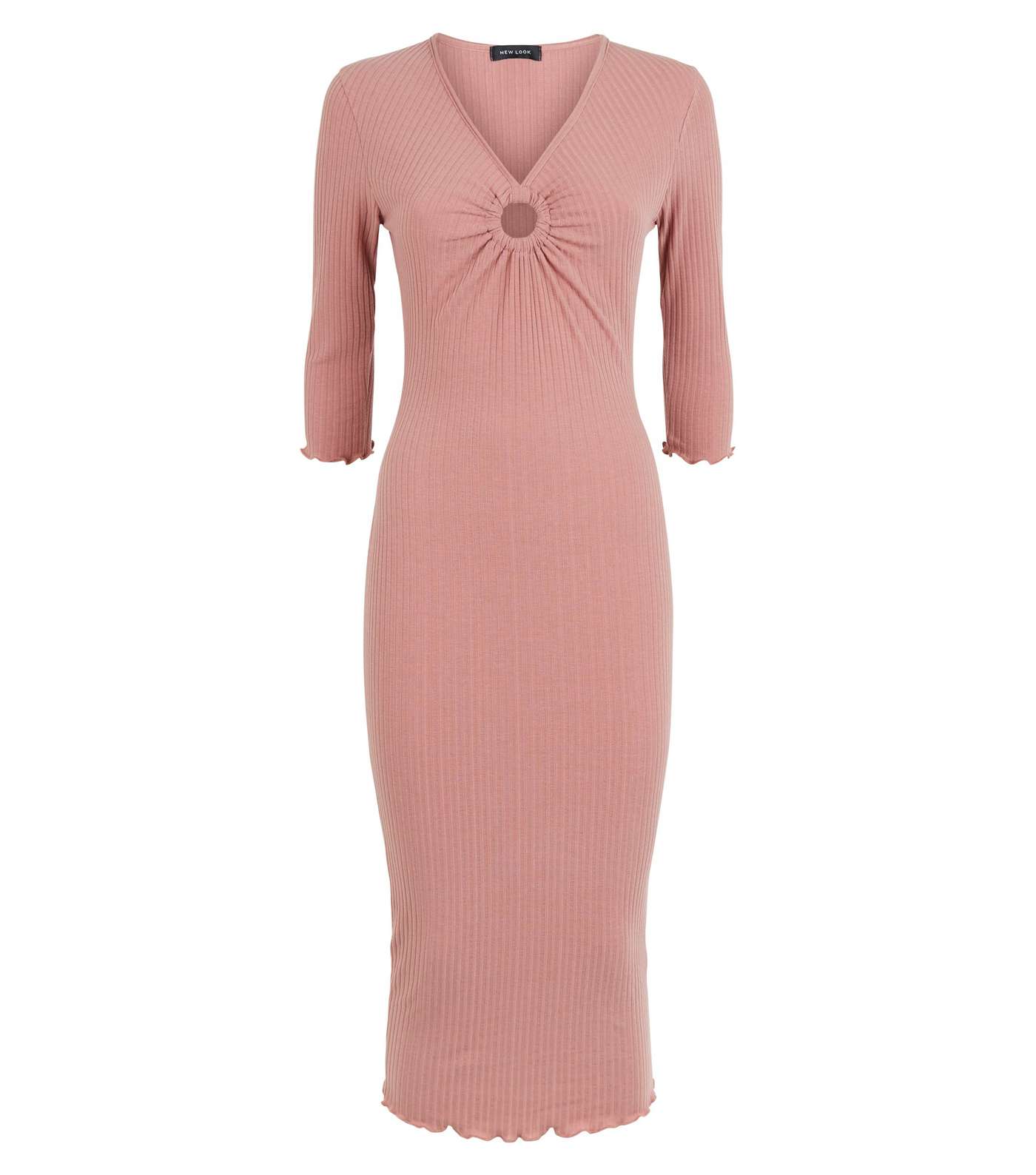 Pale Pink Ring Front Ribbed Bodycon Midi Dress Image 4