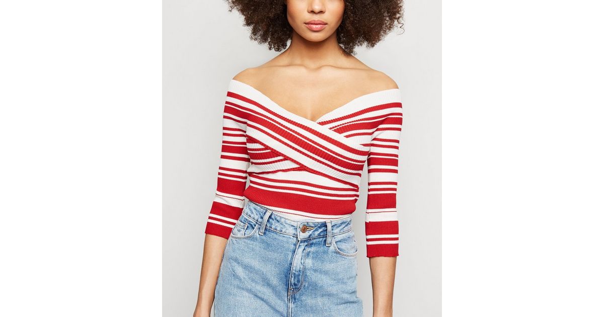 Blue Vanilla Red Stripe Cross Over Bardot Jumper New Look