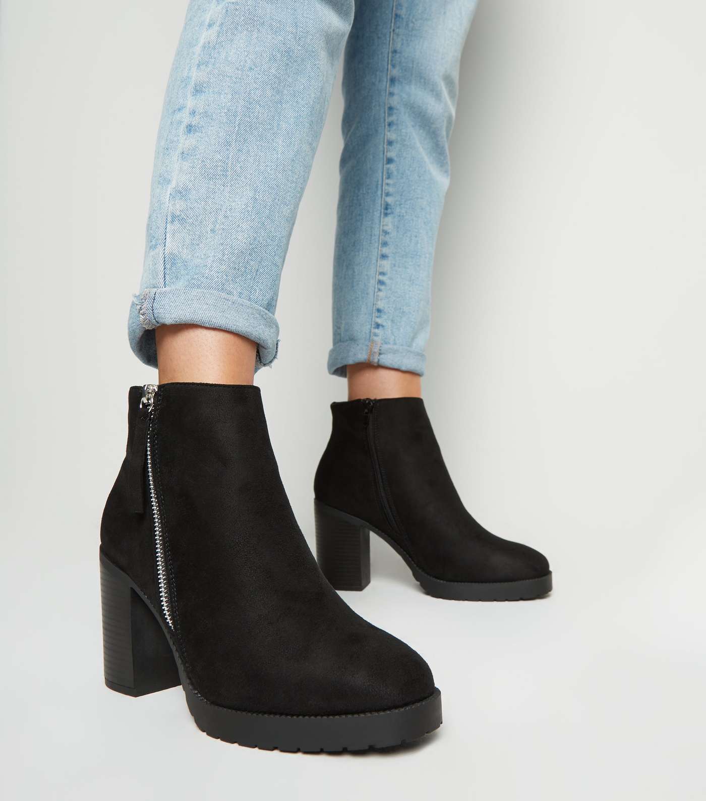 Wide Fit Black Zip Up Chunky Boots  Image 2