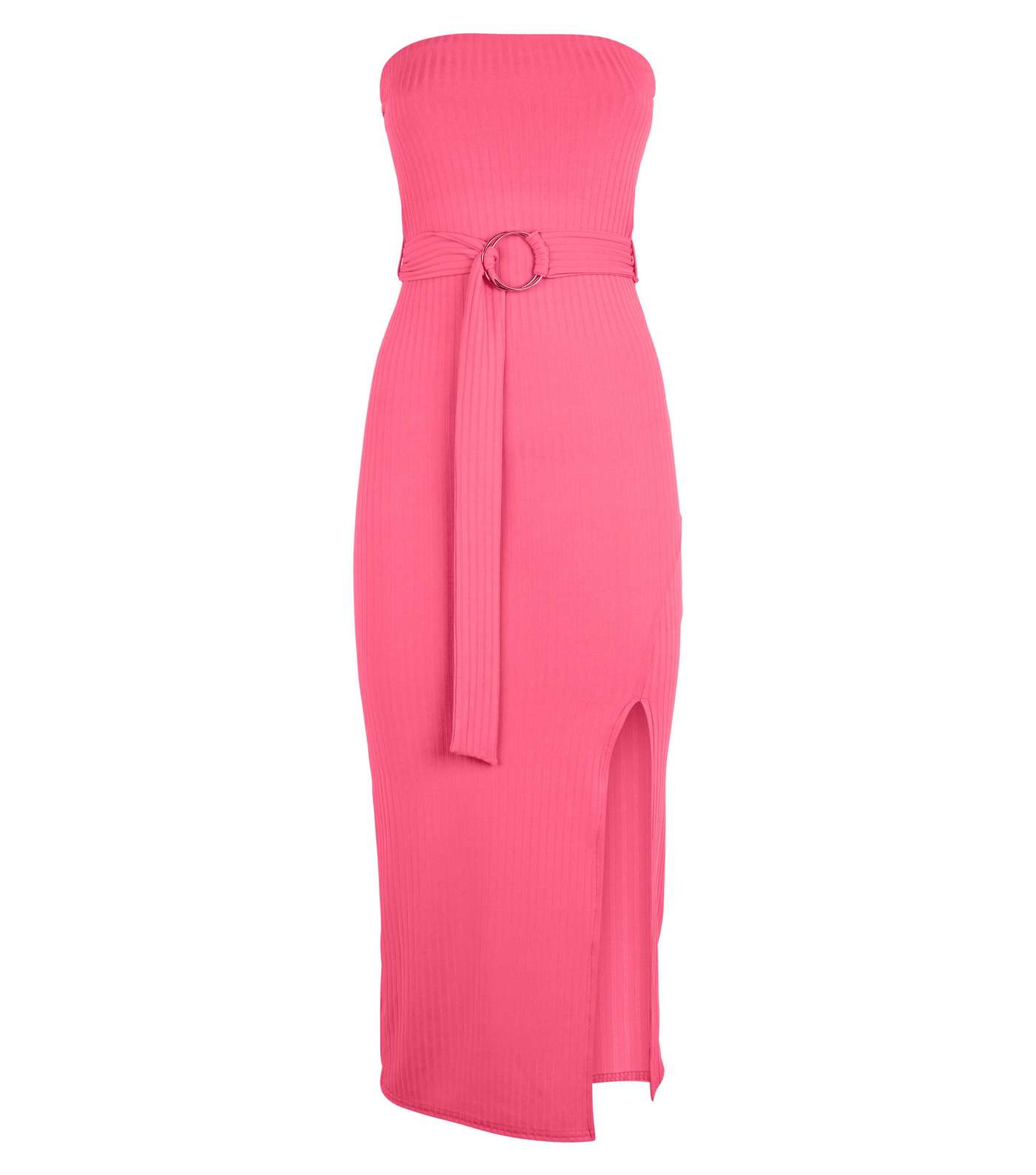 Bright Pink Neon Bandeau Belted Midi Dress Image 4