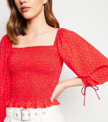Red Spot Shirred Square Neck Top | New Look