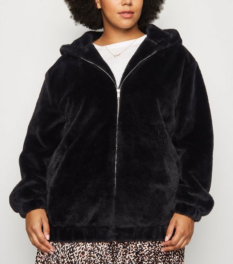 Curves Black Faux Fur Hooded Bomber Jacket