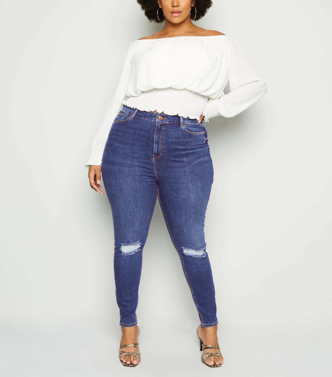 Curves Navy 'Lift & Shape' Ripped Knee Jeans