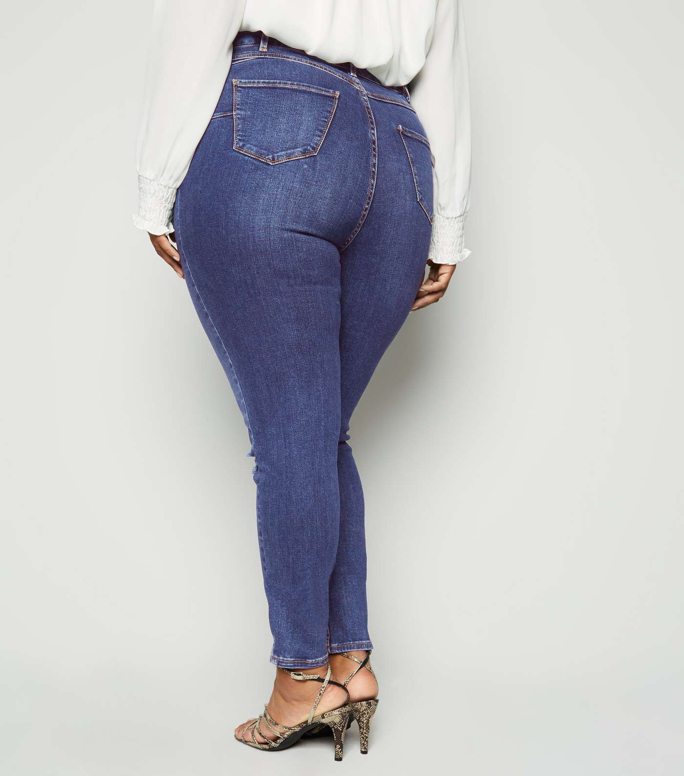 Curves Navy 'Lift & Shape' Ripped Knee Jeans Image 3