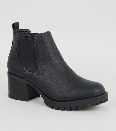 Black Leather-Look Chunky Chelsea Boots