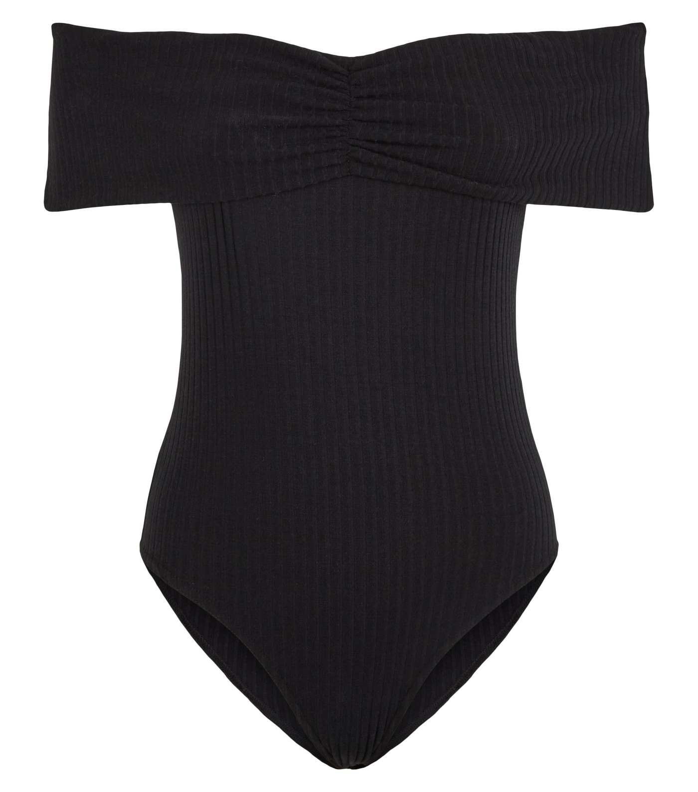 Black Ribbed Ruched Front Bardot Bodysuit Image 4