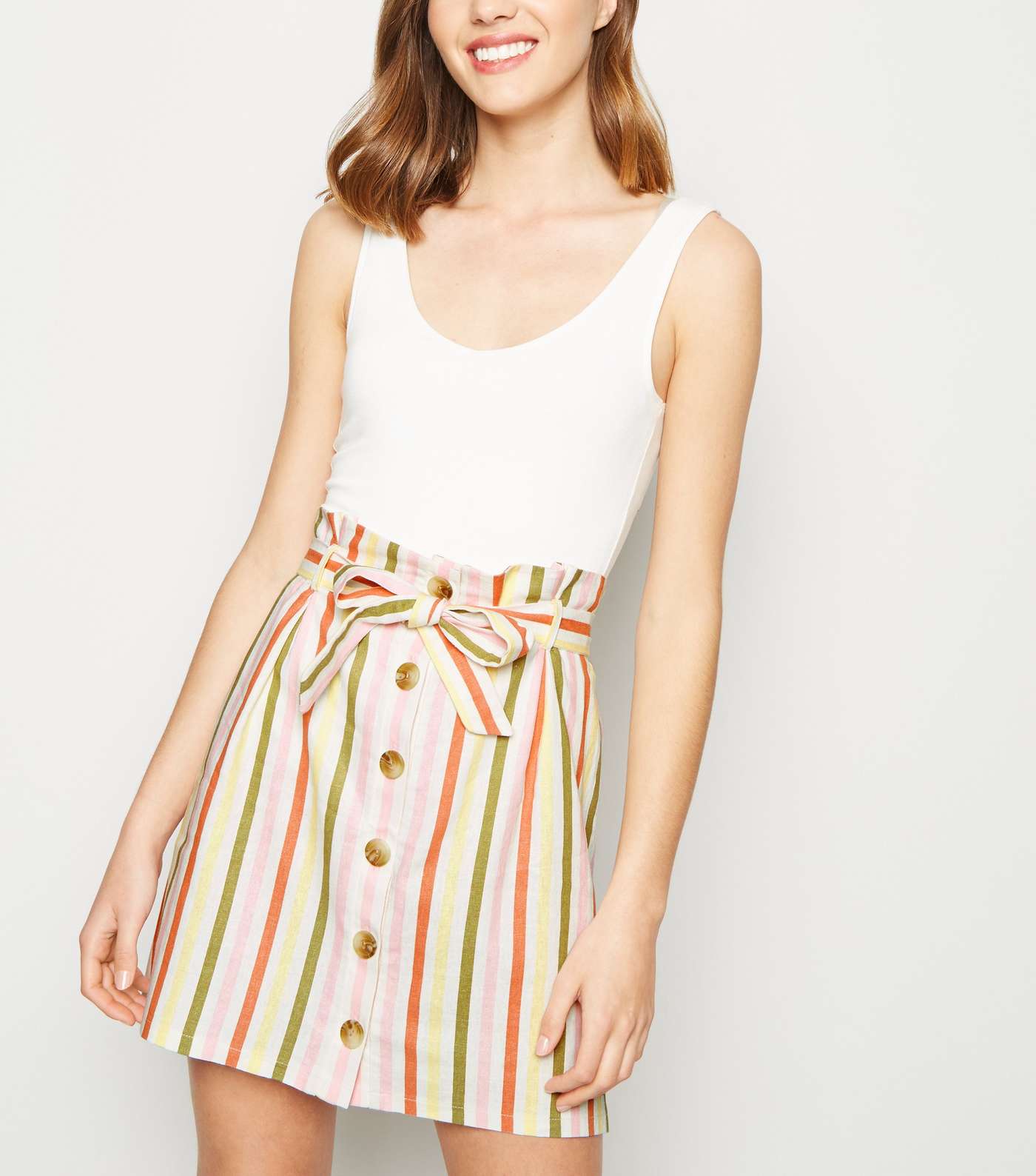 White Stripe Linen Blend Button Up Mini Skirt