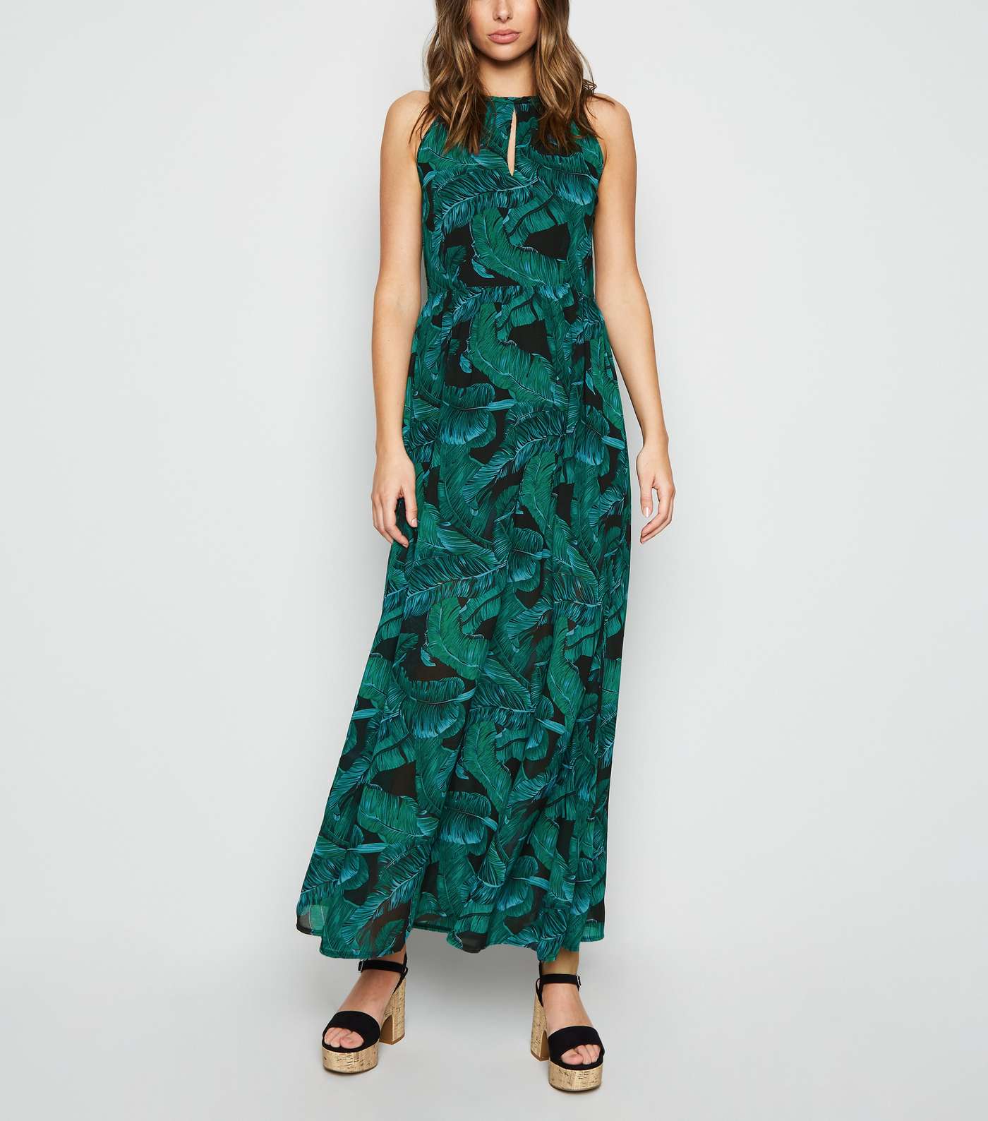 Blue Vanilla Green Leaf Print Maxi Dress