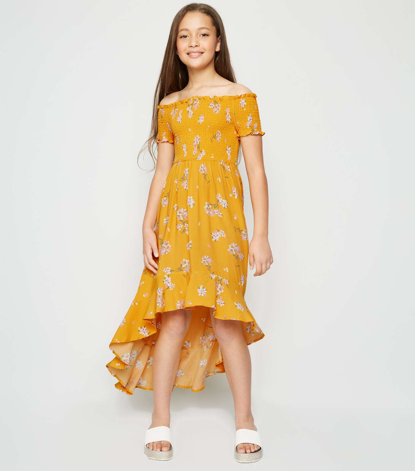 Girls Yellow Floral Shirred Dip Hem Dress 
