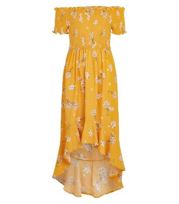 Girls Yellow Floral Shirred Dip Hem Dress | New Look