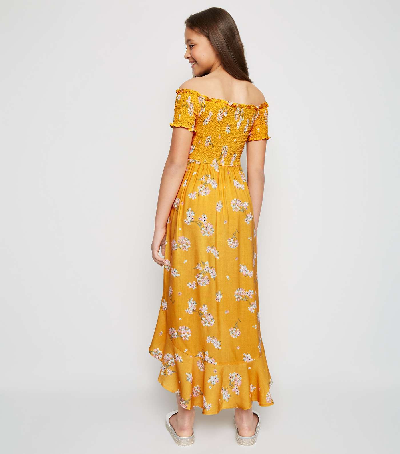 Girls Yellow Floral Shirred Dip Hem Dress  Image 3