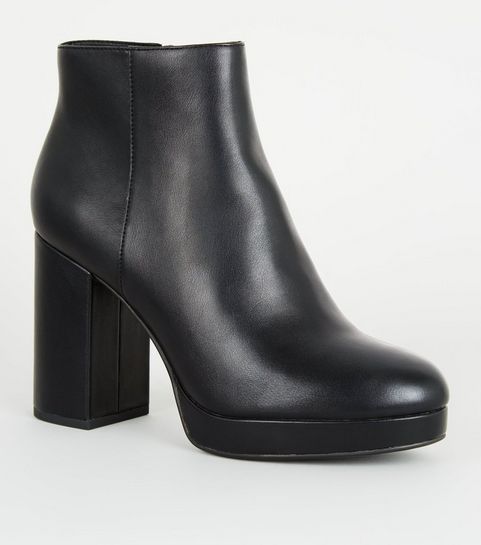 Black Leather-Look Platform Ankle Boots