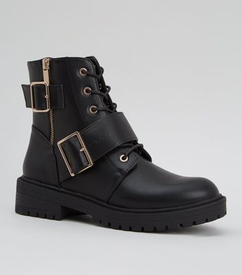 Black Leather-Look Lace Up Buckle Boots 