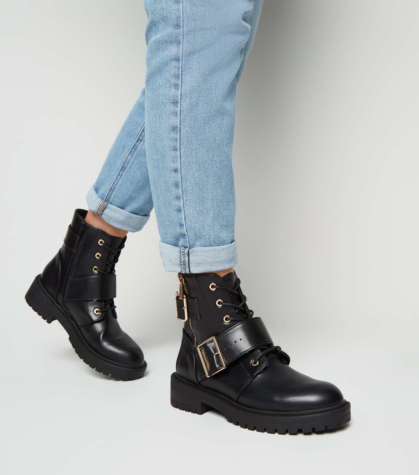 Black Leather-Look Lace Up Buckle Boots Image 2