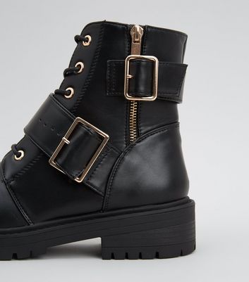 Black Leather-Look Lace Up Buckle Boots 