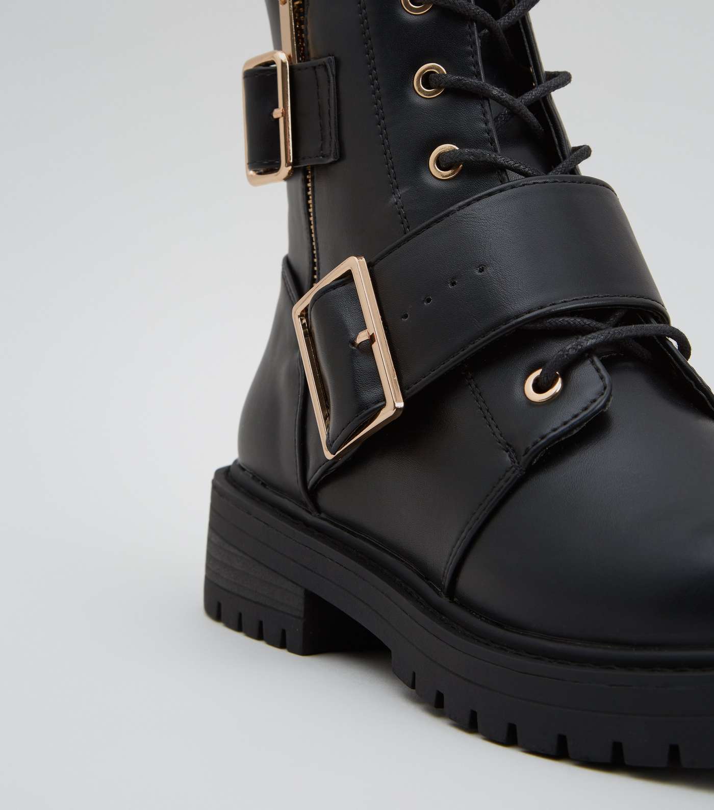 Black Leather-Look Lace Up Buckle Boots Image 4