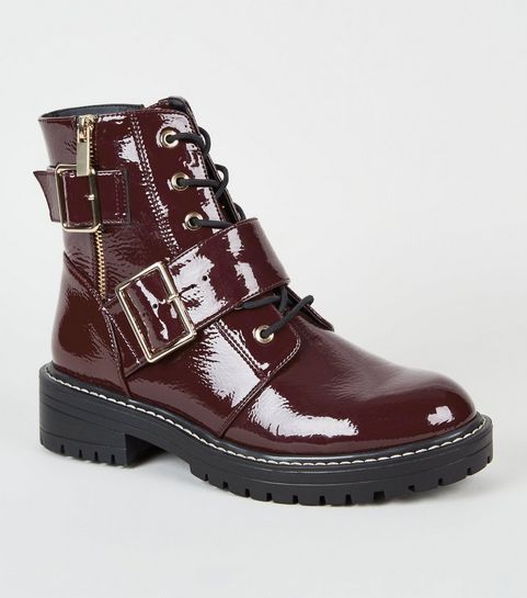 Dark Red Patent Lace Up Buckle Boots