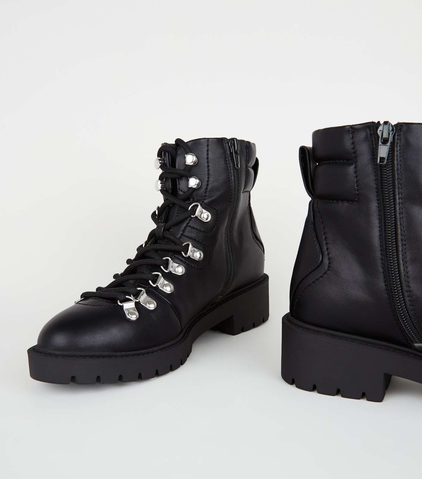 Black Leather-Look Chunky Lace Up Boots Image 4