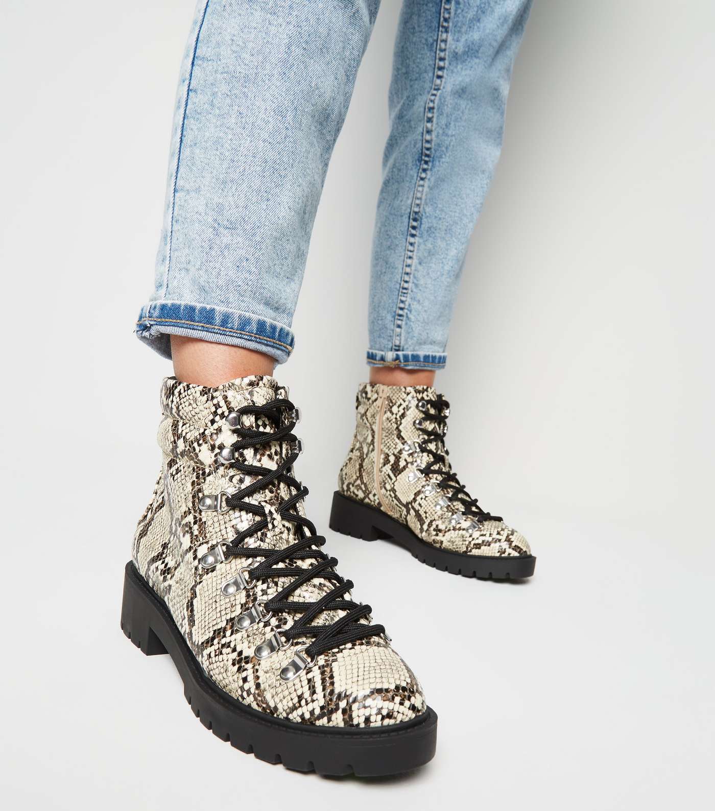 Stone Faux Snake Chunky Lace Up Boots Image 2
