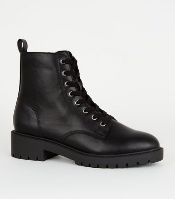 Black Leather-Look Chunky Lace Up Boots 