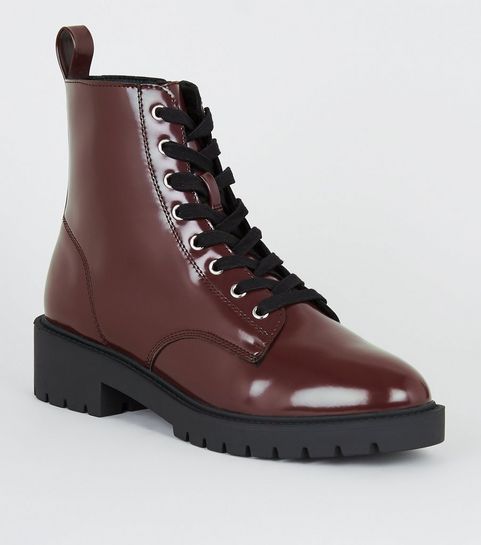 Dark Red Patent Lace Up Boots